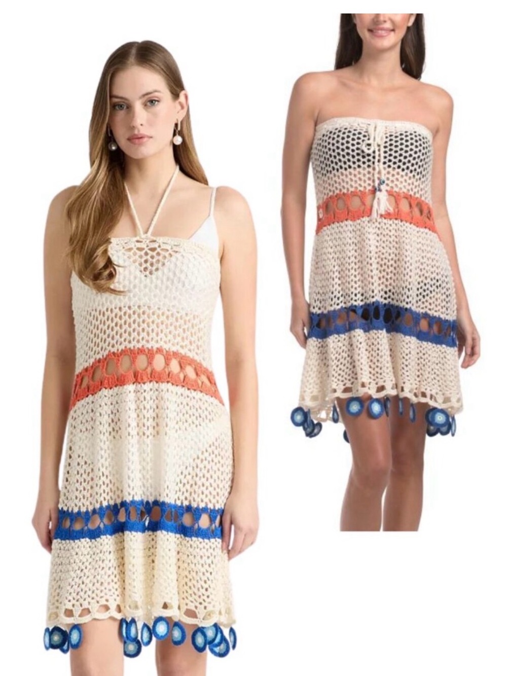 NVLT Cream Crochet Swim Cover-Up Dress with Orange and Blue Bands